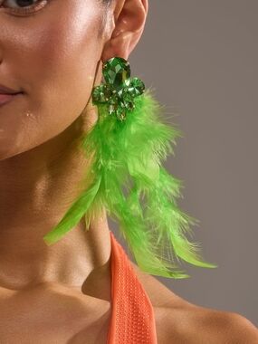 Green Feather Crystal Drop Earrings - Women Jewelry